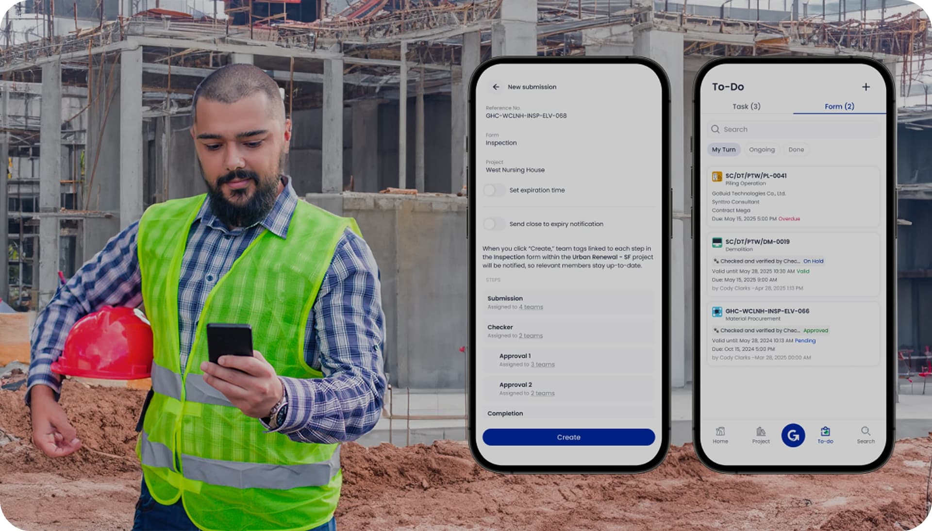 GoBuid interface showing a construction worker in a red hard hat using a tablet, with smartphones displaying the app's form and GPS location features.