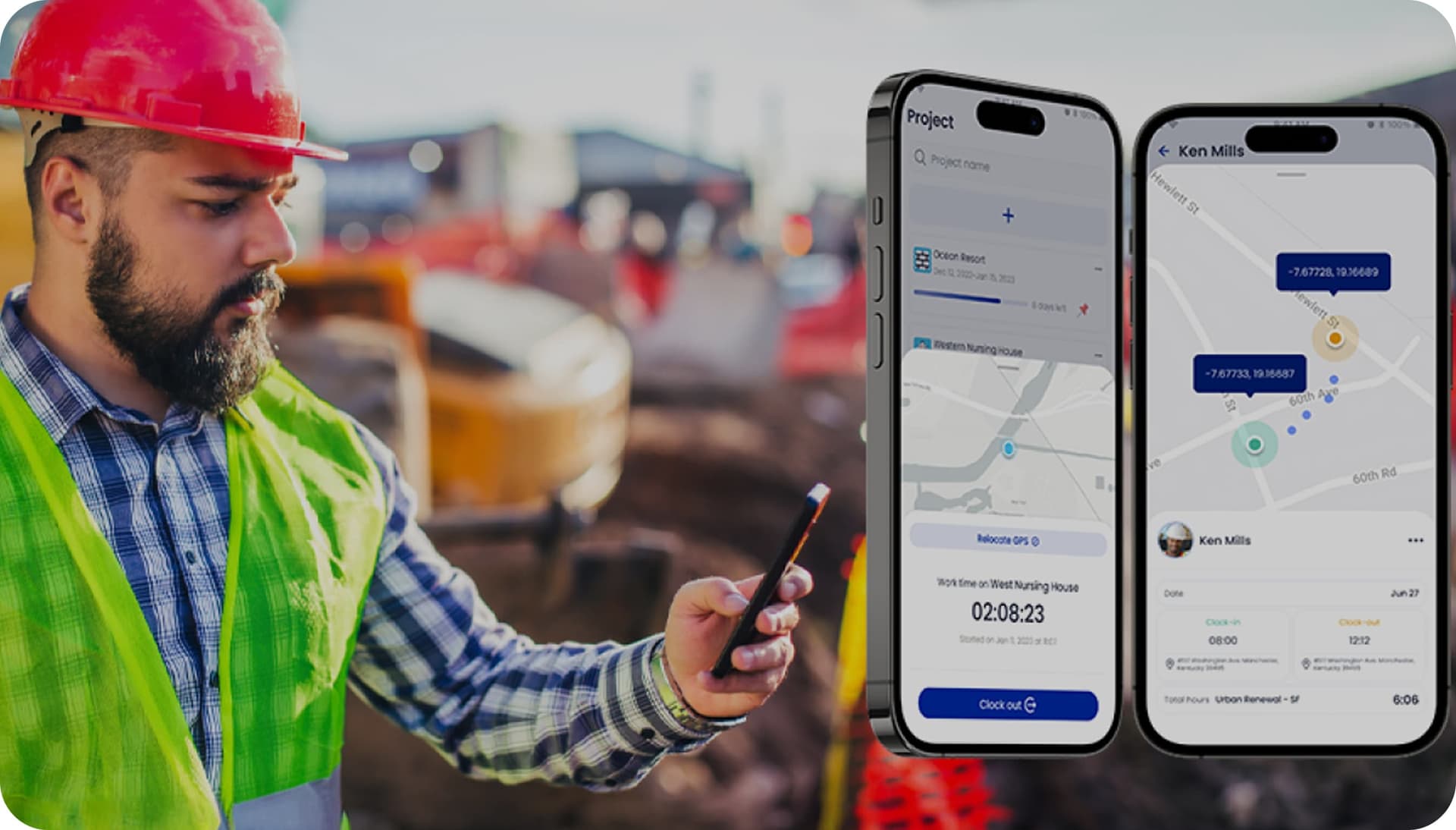 GoBuid interface showing a construction worker in a red hard hat using a tablet, with smartphones displaying the app's manpower tracking and GPS location features.