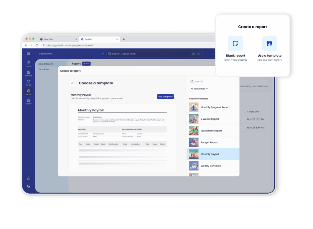 GoBuid Document With Custom Report Templates interface